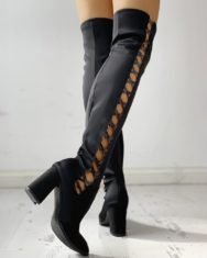 Suede Lace-Up Chunky Pointed Toe Long Boots - Image 2