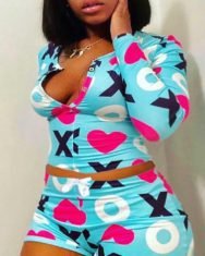 Letter Heart Print Buttoned Pajamas Set