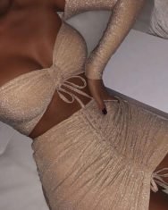 Glitter Off Shoulder Drawstring Twisted Crop Top & Skirt Sets