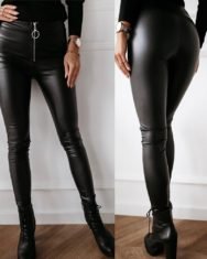 Zipper Design High Waist PU Leather Pants