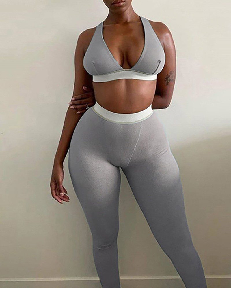 Colorblock Crop Top & High Waist Pants Set - Image 4