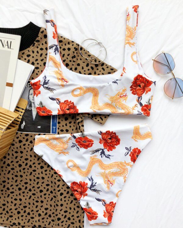 Dragon Floral Print Thick Strap Tankini Set - Image 4