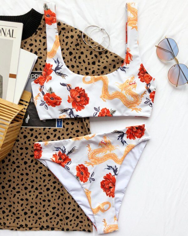 Dragon Floral Print Thick Strap Tankini Set - Image 3