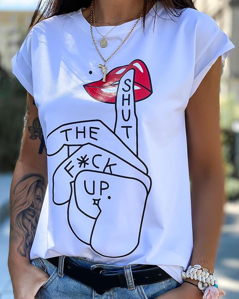 Letter Hand Lip Print Casual T-shirt