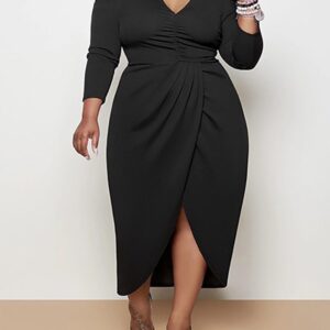 Plus Size Puffed Sleeve Ruched Asymmetrical Dress