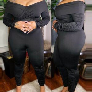 Plus Size Plain Long Sleeve Ruched Jumpsuit