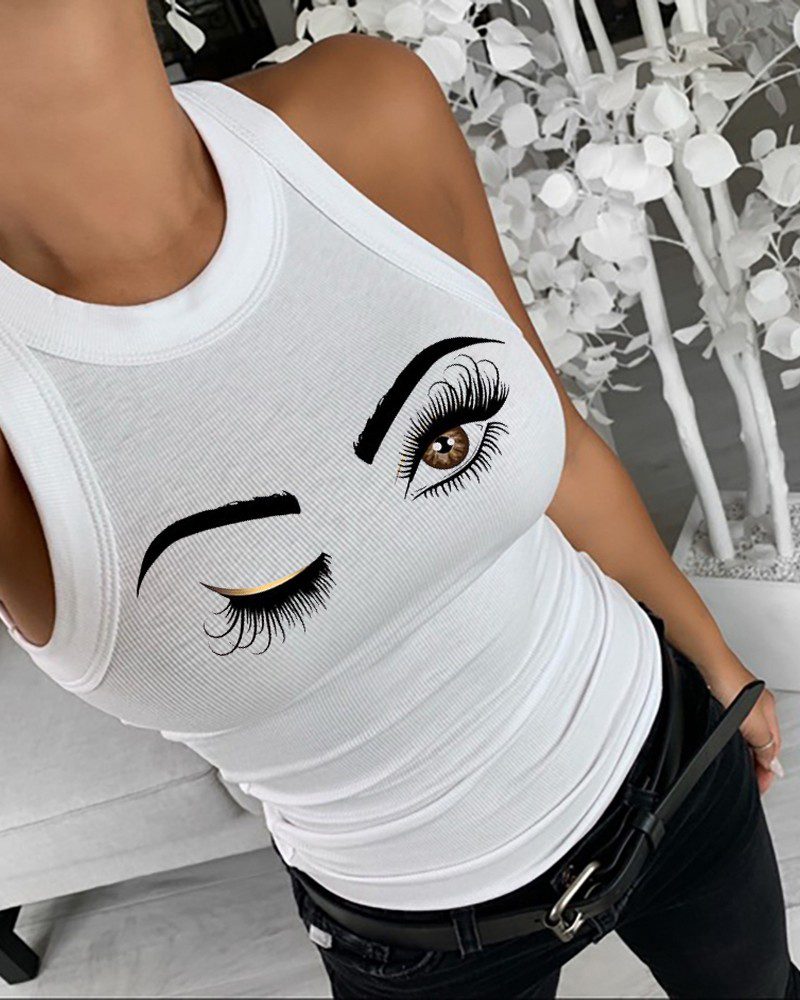Eyelash Print Sleeveless Casual Tank Top