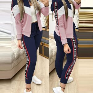 Colorblock Letter Tape Jack & Drawstring Pants Set