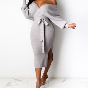 Backless Ribbed Long Sleeve Casual Dress