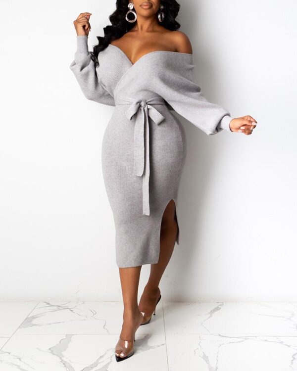 Backless Ribbed Long Sleeve Casual Dress