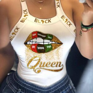 Glittering Lip/Queen Print U-neck Tank Top