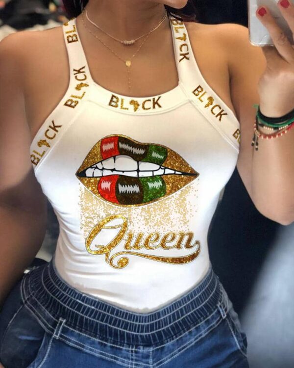 Glittering Lip/Queen Print U-neck Tank Top
