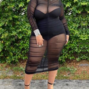 Plus Size Plain Bodysuit & Ruched Sheer Mesh Dress Set