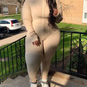 Plus Size Ribbed Plain Zipper Design Jumpsuit