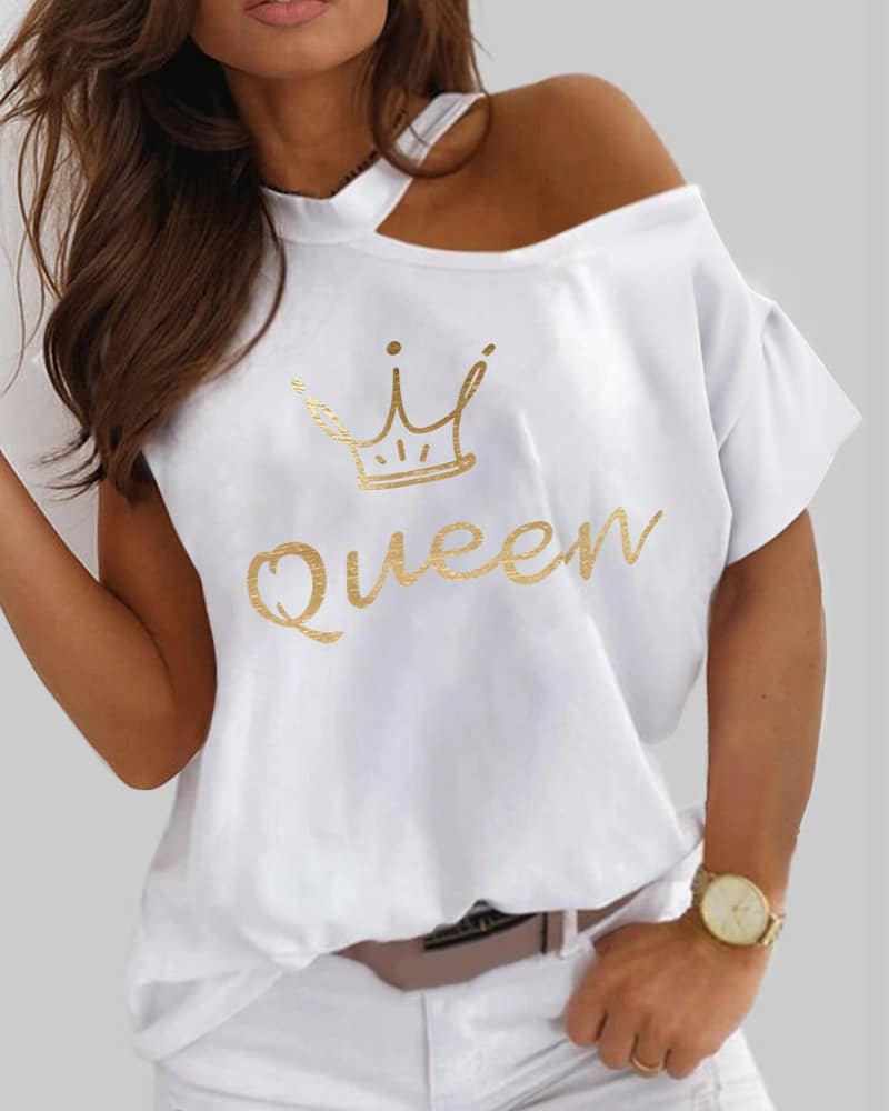 Valentine's Day Letter Crown Print One Shoulder Top