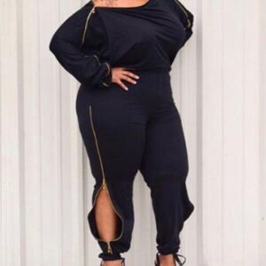 Plus Size Plain Zipper Design Top & Tie Detail Pants Set