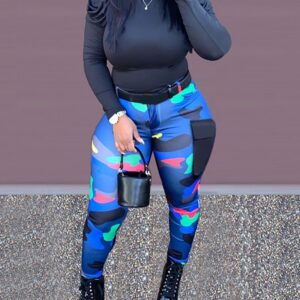 Plus Size Plain Puff Sleeve Top & Camouflage Print Pants Set