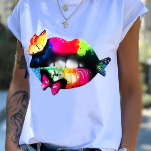 Lip Butterfly Print Short Sleeve Casual T-shirt