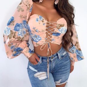 Floral Print Drawstring Lace-up Crop Top