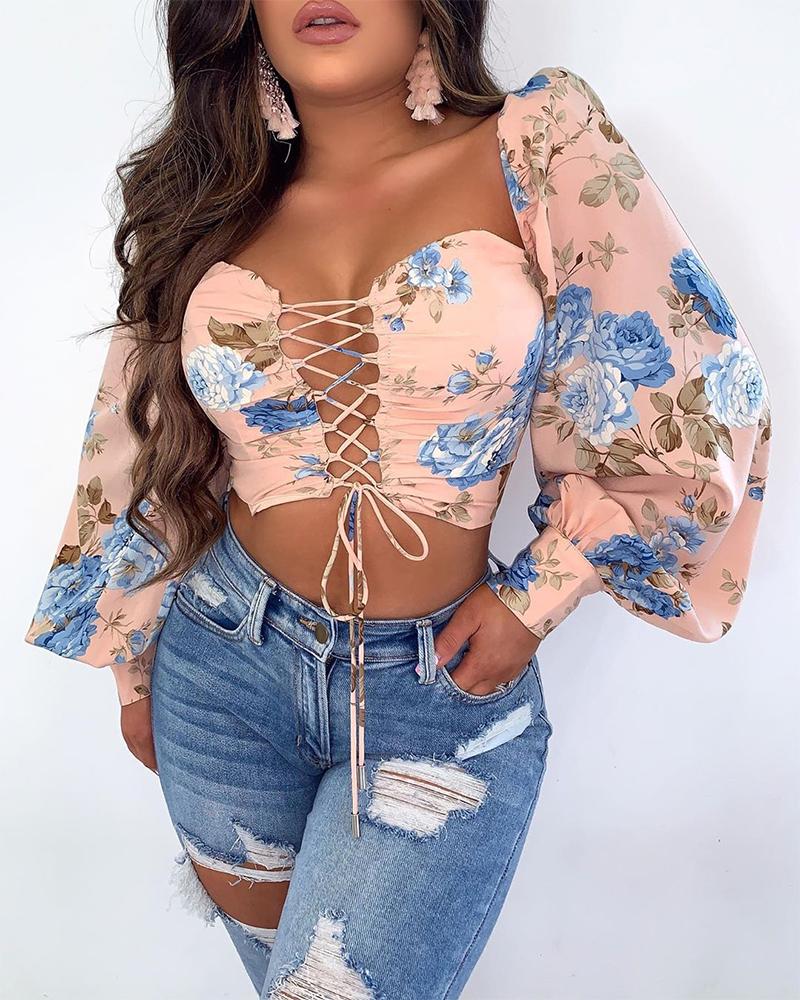 Floral Print Drawstring Lace-up Crop Top - Image 3