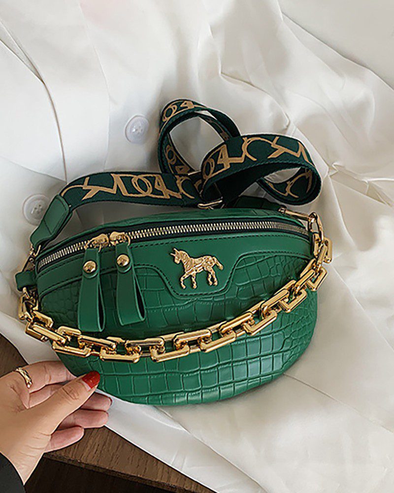 PU Chain Decor Zip Front Fanny Pack - Image 3