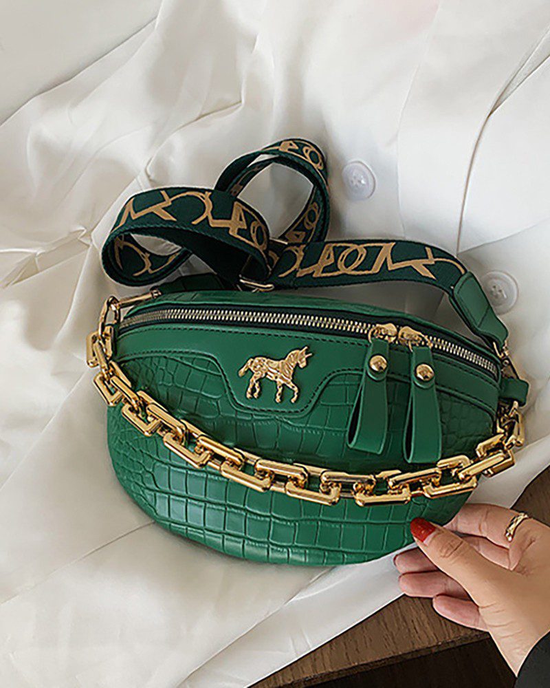 PU Chain Decor Zip Front Fanny Pack