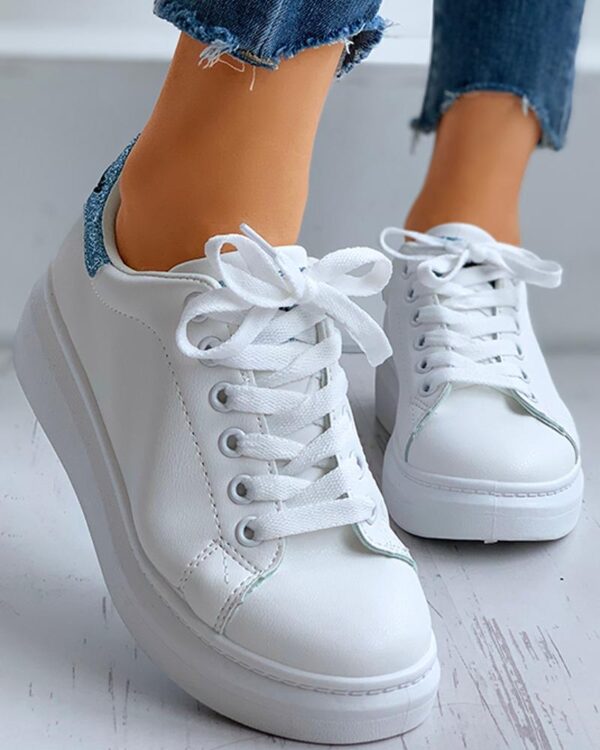 Glitter Letter Embroidery Lace-Up Casual Sneakers - Image 2
