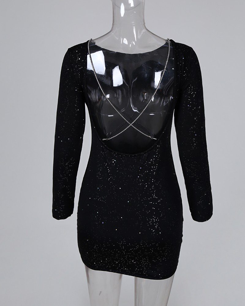 Glitter Open Back Crisscross Long Sleeve Bodycon Dress - Image 5