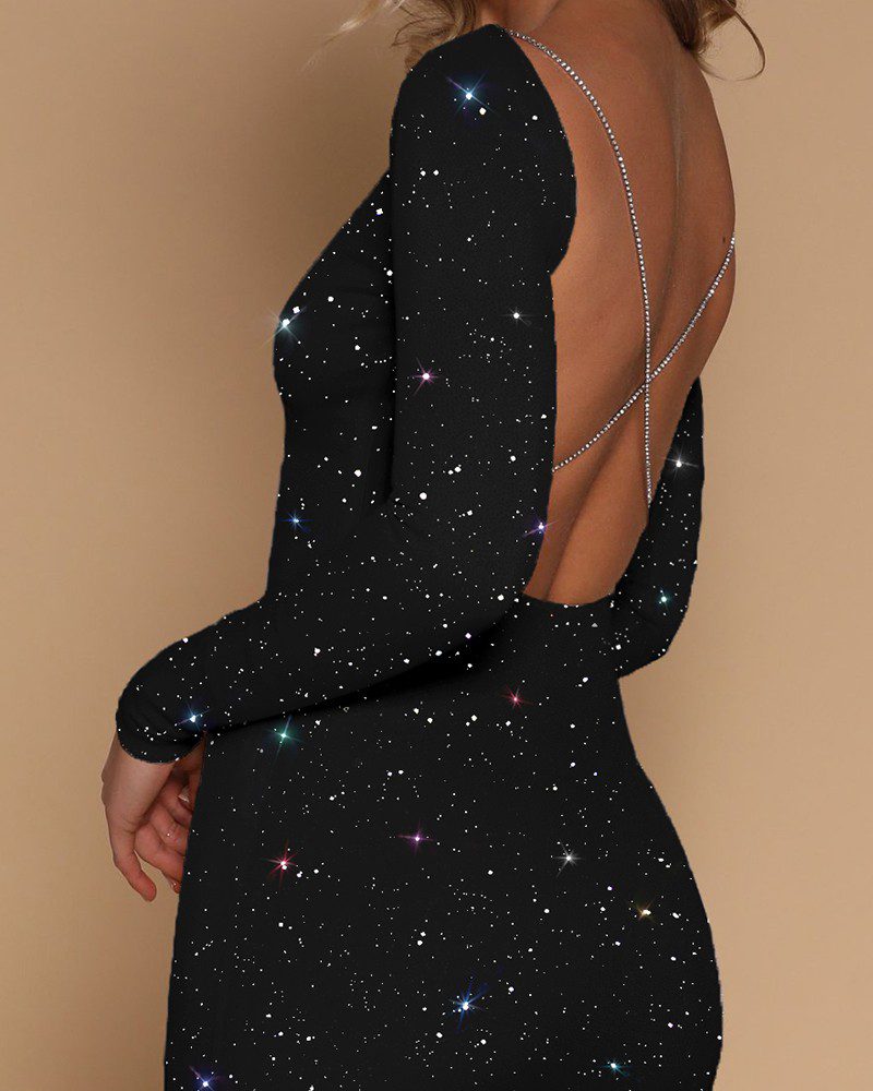 Glitter Open Back Crisscross Long Sleeve Bodycon Dress - Image 3