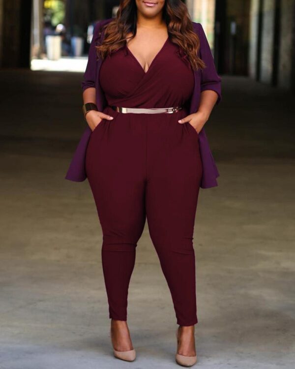 Plus Size Plain Plunge Pocket Design Jumpsuit - Image 3
