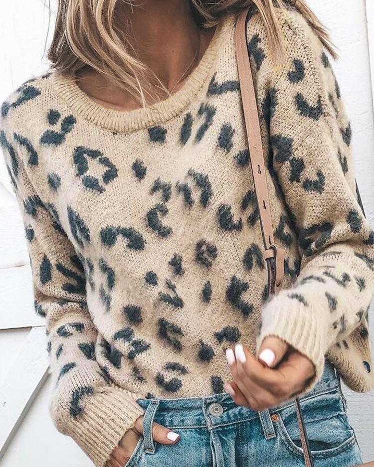 Round Neck Leopard Print Casual Sweater