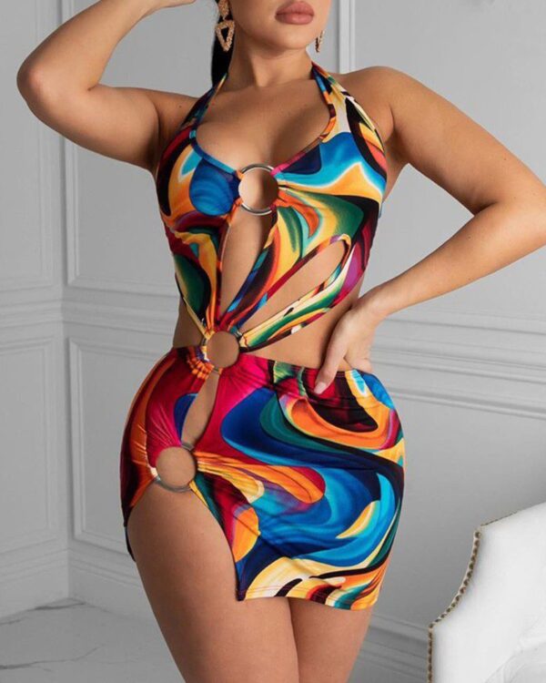 Colorful Print Slit Cut Out Dress