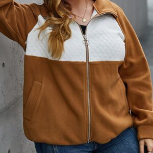 Plus Size Colorblock Zipper Pocket Design Coat