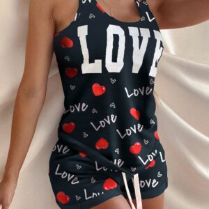 Letter Heart Print Sleeveless Top & Drawstring Waist Shorts Set
