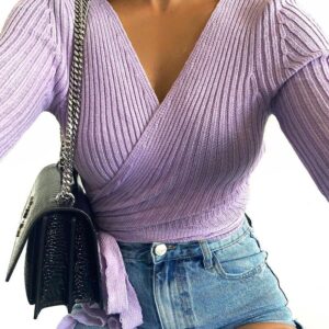 Plain Surplice Knotted Design Sweater
