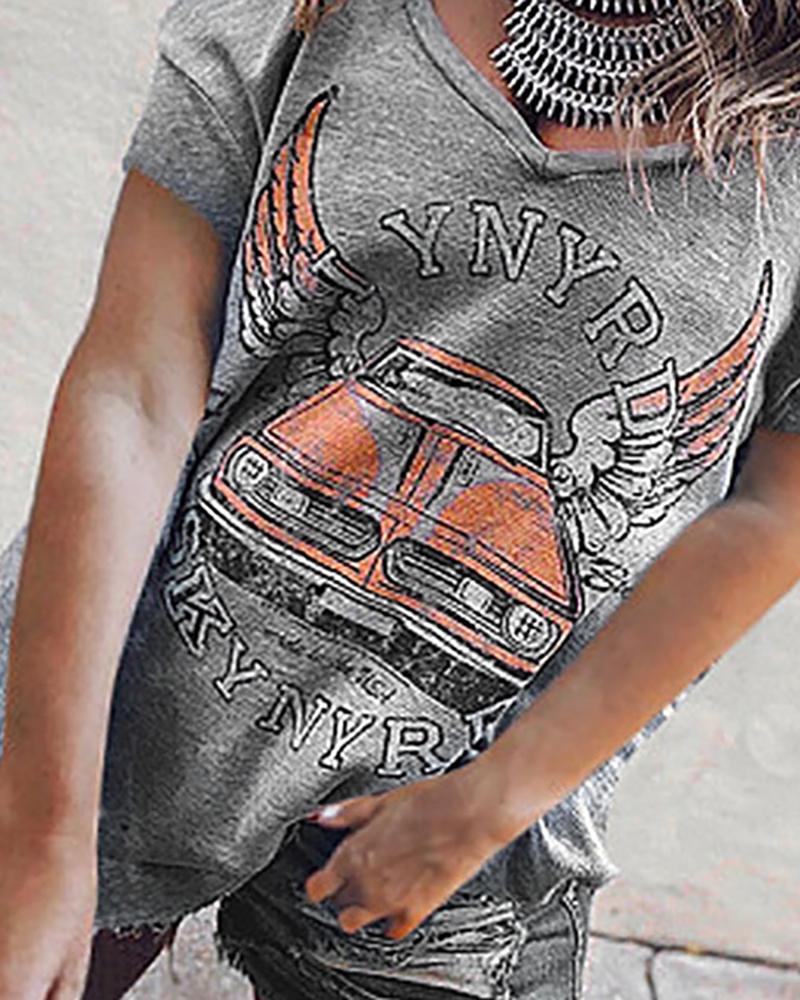 Letter Car Print Cold Shoulder Casual T-shirt - Image 3