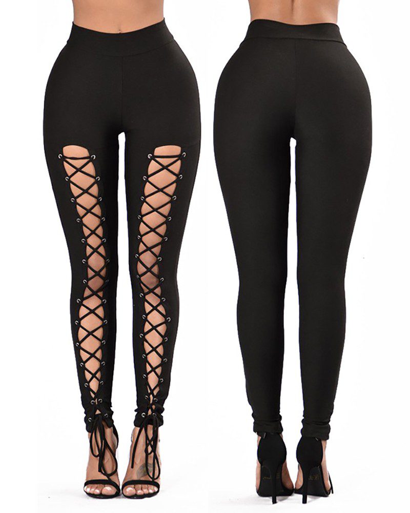 High Waist Eyelet Lace-up Skinny Leggings