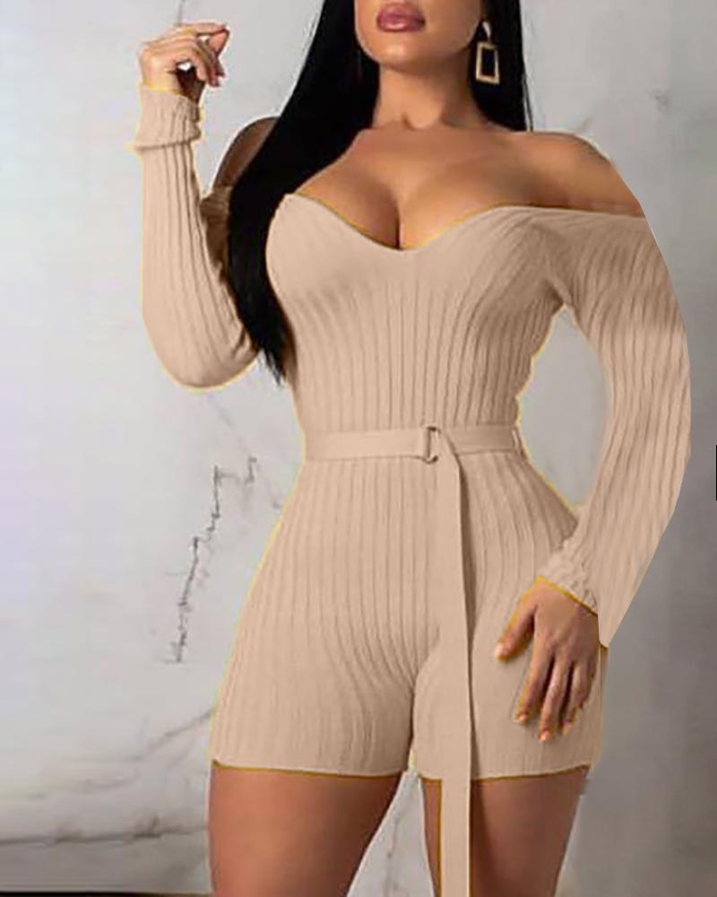 Long Sleeve Off Shoulder Solid Color Romper (With Belt) - Image 4