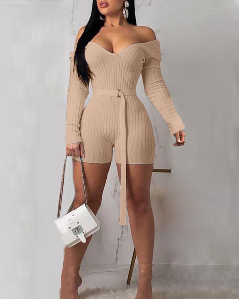 Long Sleeve Off Shoulder Solid Color Romper (With Belt)