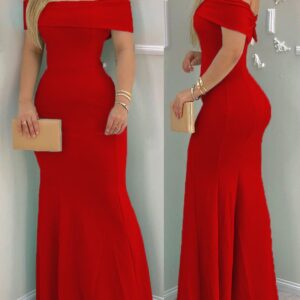 Plain Off Shoulder Ruffle Hem Maxi Dress