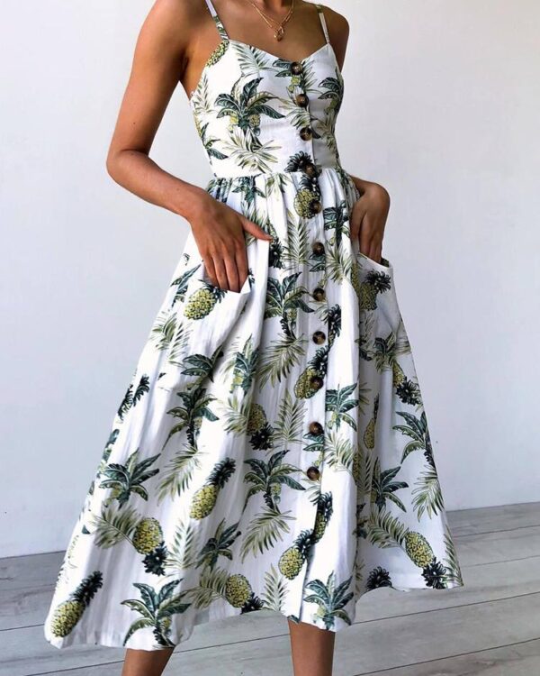 Tropical Button Front Party Wear Midi Dress