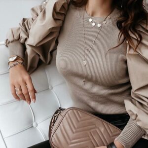 Round Neck Puff Sleeve Insert Ribbed Blouse