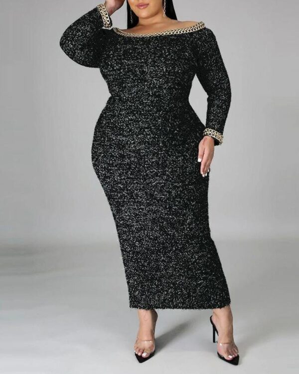 Solid Long Sleeve Knit Cahin Collar Dress