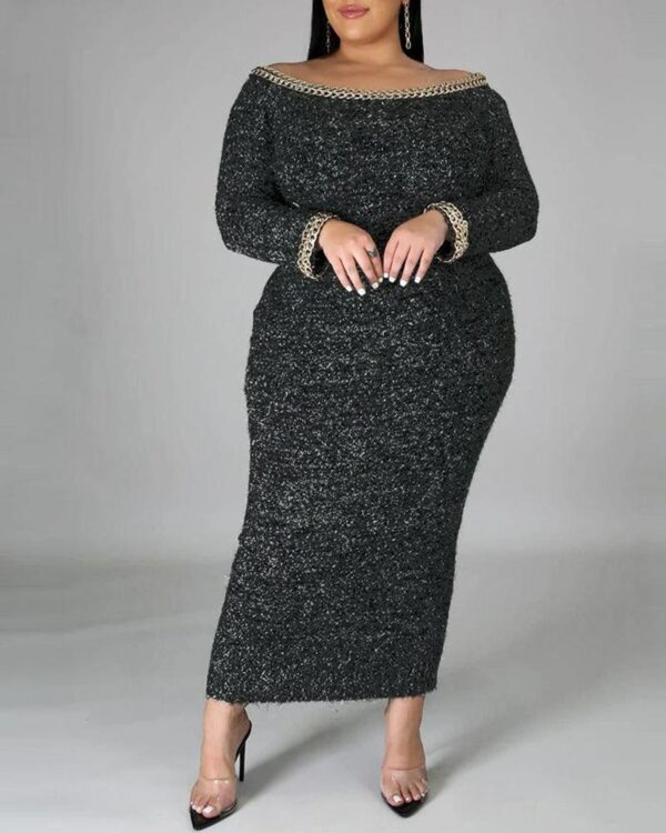 Solid Long Sleeve Knit Cahin Collar Dress - Image 3