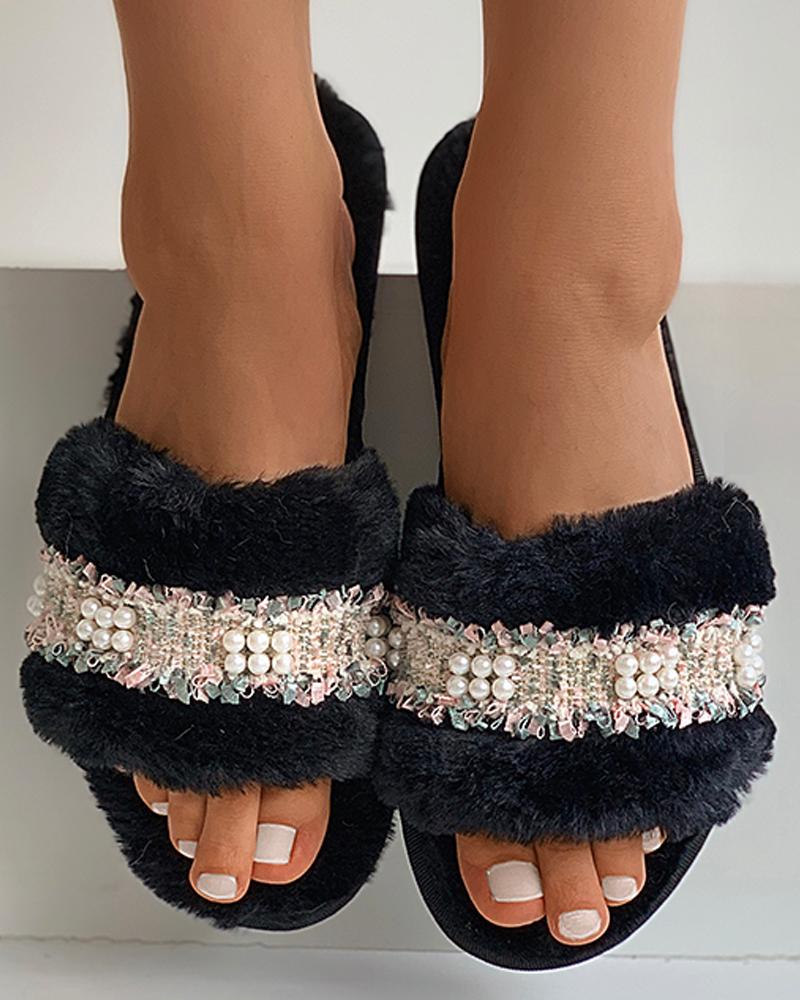 Fringe Beaded Fluffy Slippers - Image 2