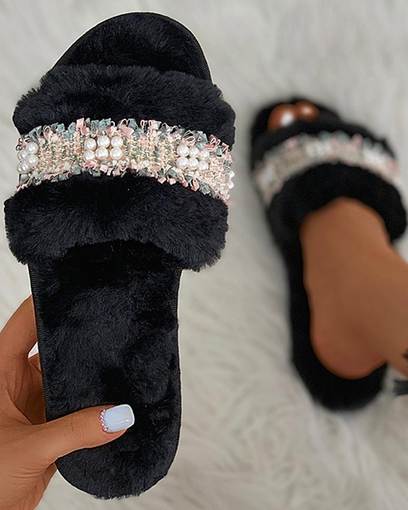 Fringe Beaded Fluffy Slippers