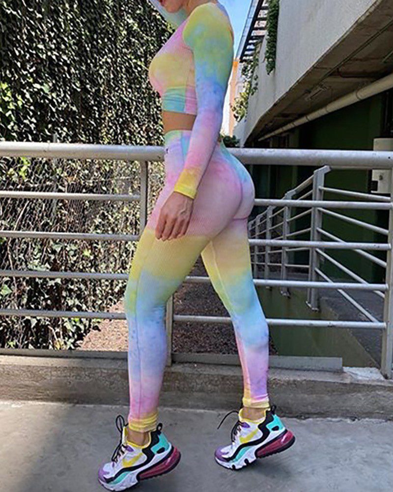 Tie Dye Print Zip Front Crop Top & Wide Band Waist Leggings Set - Image 4