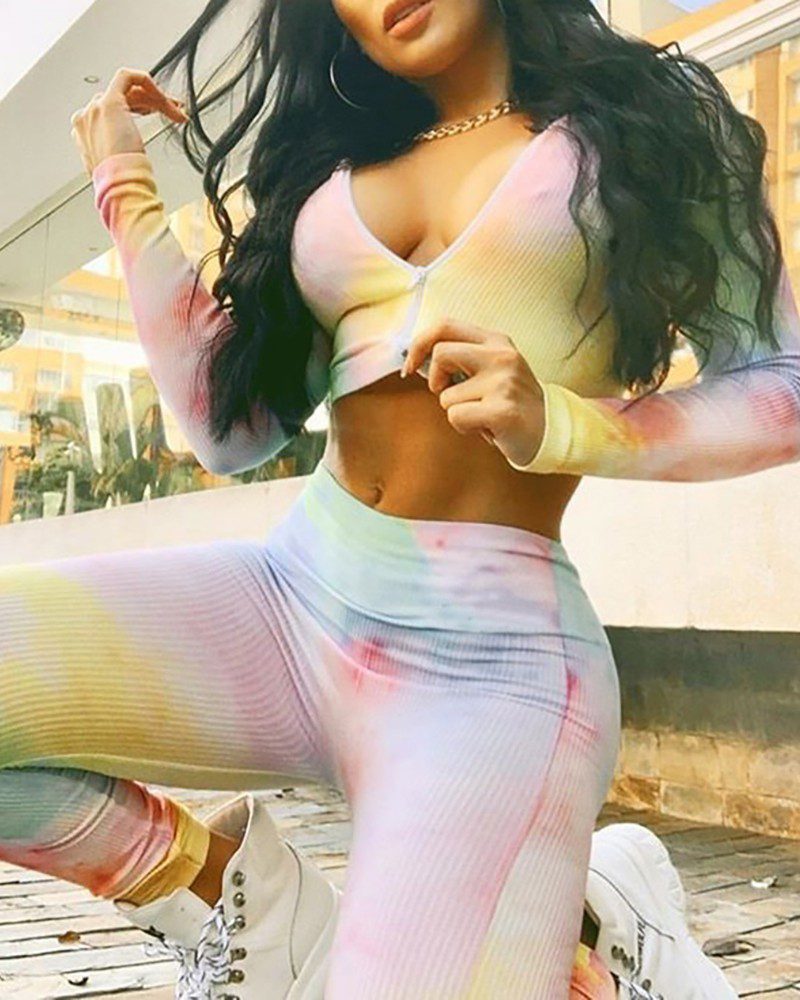 Tie Dye Print Zip Front Crop Top & Wide Band Waist Leggings Set - Image 5