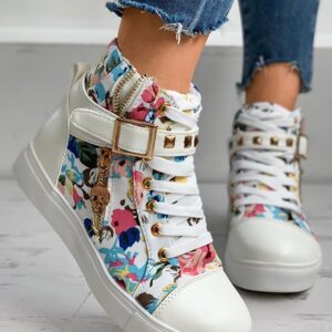 Floral Print Lace-up Hidden Wedge Sneaker