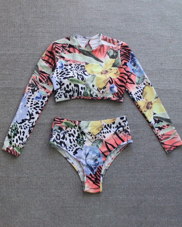 Mixed Print Lace-up Backless Tankini Set - Image 4